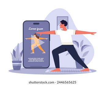 Concepto de App móvil de yoga. Hombre con aplicación para entrenamiento y entrenamiento en casa. Joven estirándose en el interior. Cursos y lecciones en línea. Ilustración vectorial plana de dibujos animados aislada sobre fondo blanco