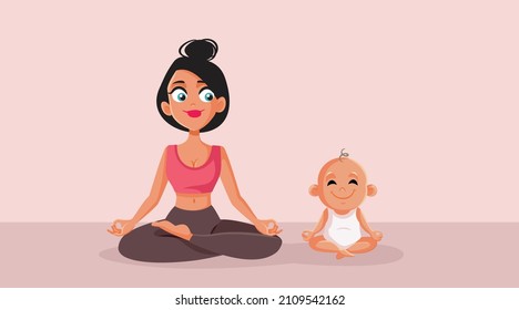 
Yoga Mom and Baby Exercise Together Vector Cartoon Illustration. Mother and infant training and relaxing engaging in physical activity 
