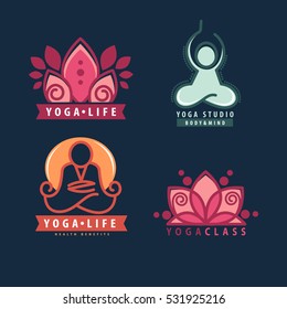 Yoga monograms and logos set. Abstract yoga design elements and symbols, icons and badges. Vector illustration
