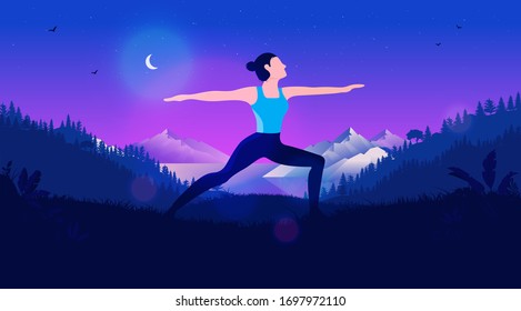 Yoga in moonlight - Illustration of woman exercising outdoor in a beautiful landscape. Moon in the sky, mountains and sea in background. Healthy, solitude and freedom concept. Vector.