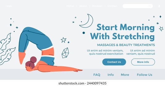 Yoga morning routine stretching pose, vector illustration, web banner with night and day motif.