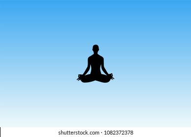 Yoga in morning. Vector illustration with isolated silhouette of yoga girl in lotus pose. Blue pastel background