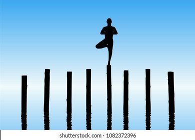 Yoga in morning. Vector illustration with isolated silhouette of yogi standing on log. Blue pastel background