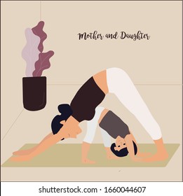 Yoga mother and daughter yogi together in asana pose meditation at home vector illustration.