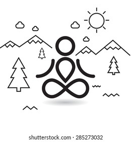 Yoga at mountains and trees. Thin line simple minimalistic design