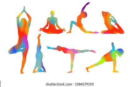 Yoga multi-colored silhouette. mixed media. Vector illustration. Figures of girls