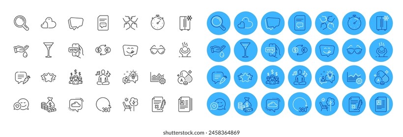 Yoga music, Care and Reject file line icons pack. Idea, Yummy smile, Martini glass web icon. Timer, Research, Chat bubble pictogram. Squad, Star, Wash hands. Cv documents. Color icon buttons. Vector