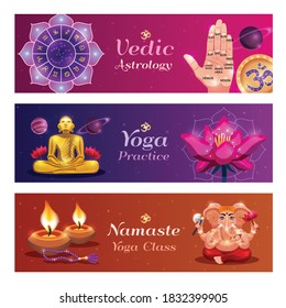 Yoga namaste 3 horizontal colorful background vedic astrology banners with lotus candles hand palm reading vector illustration  svg