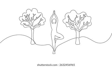 Yoga na natureza no estilo de arte de uma linha contínua. Ilustração de vetor simples