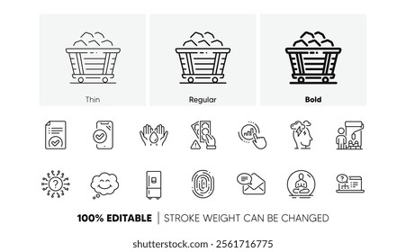 Yoga, New mail and Smile line icons. Pack of Coal trolley, Fingerprint, Graph chart icon. Refrigerator, Painter, Stress pictogram. Approved phone, Approved document, Online help. Line icons. Vector