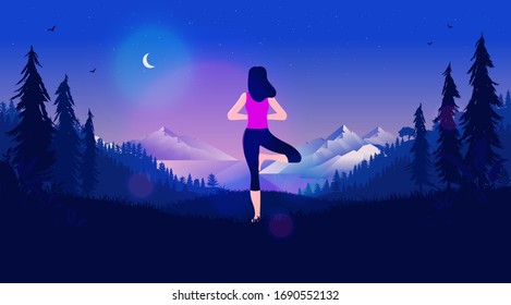 Yoga in night landscape - Woman doing the tree pose with beautiful view of the ocean, forest and mountains. Night sky with moon, and moonlight shining. Vector illustration.