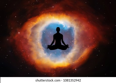 Yoga at night. Vector conceptual illustration with silhouette of yoga girl in lotus pose. Abstract background with Helix Nebula