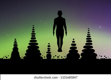 Yoga at night. Vector conceptual illustration with silhouette of yogi in pose of tadasana and pyramids of stones. Northern lights in starry sky. Colorful aurora borealis