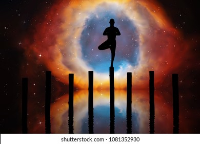 Yoga at night. Vector illustration with silhouette of yogi standing on log. Abstract background with Helix Nebula