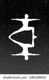 Yoga At Night. Vector Illustration With Silhouette Of Yogi In Pose Of Warrior Under Starry Sky. Inverted Black And White
