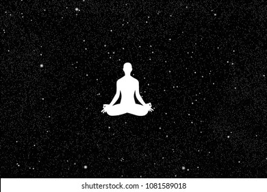 Yoga At Night. Vector Illustration With Silhouette Of Yoga Girl In Lotus Pose Under Starry Sky. Inverted Black And White
