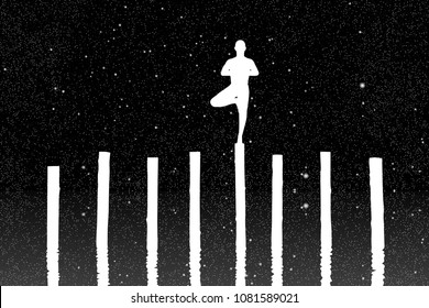 Yoga At Night. Vector Illustration With Silhouette Of Yogi Standing On Log Under Starry Sky. Inverted Black And White