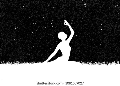 Yoga At Night. Vector Illustration With Silhouette Of Yoga Girl On Grass Under Starry Sky. Inverted Black And White