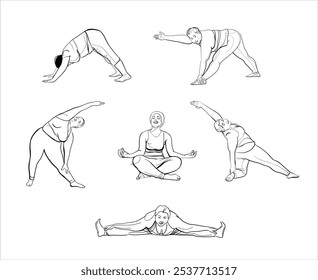 Yoga for obese people. Yoga postures for weight loss. Vector illustration by hand.