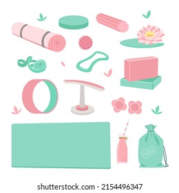 Yoga. Yoga objects, mat, massage ball, lotus, smoothie, roller and more. Vector flat illustration
