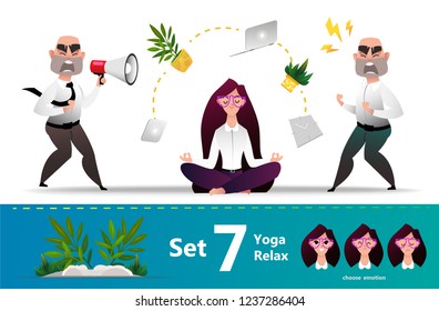 Yoga office. Business woman relaxes at work. The boss shouts loudly into the megaphone at the manager's employee. Discrimination against women at work. Flat illustration in cartoon style.