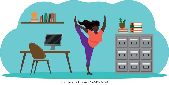 Yoga In The Office. Curvy Black Woman Does Exercises During A Break At Work, Relax And Reduce Stress. Active Lifestyle.