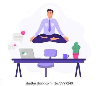 Yoga office man worker. Vector illustration. Yoga lotus on office, man business relax and meditation, character male