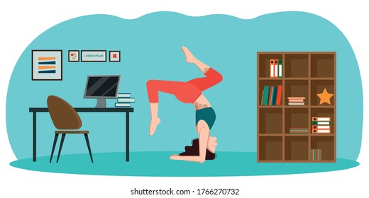 Yoga in the office. A thin woman stands upside down asana in a room. No stress in the work.