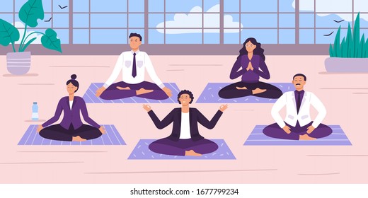 Yoga office workers. Vector illustration. Yoga worker position and meditation, office relax break, group rest and relaxing exercise