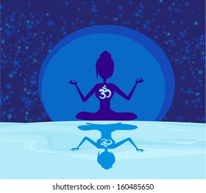 Yoga With Ohm Symbol Over Moon