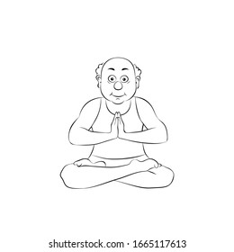 Yoga old man in lotus position.Nice oldster meditating.Vector illustration,linear silhouette on a white background.