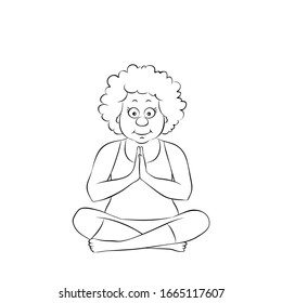 Yoga old woman in lotus position.Nice granny meditating.Vector illustration,linear silhouette on a white background.