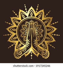 Yoga OM namaste. golden Hands of woman elements. Vector illustration on ethnic style. Indian ornament mandala