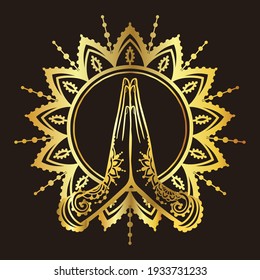 Yoga OM namaste. golden Hands of woman elements. Vector illustration on ethnic style. Indian ornament mandala