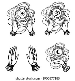 Yoga OM namaste. Hands of woman element. Vector illustration on ethnic style. 