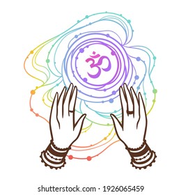 Yoga OM namaste. Hands of woman element. Vector illustration on ethnic style. 