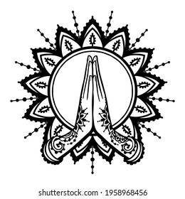 Yoga OM namaste. Hands of woman elements. Vector illustration on ethnic style. Indian ornament mandala