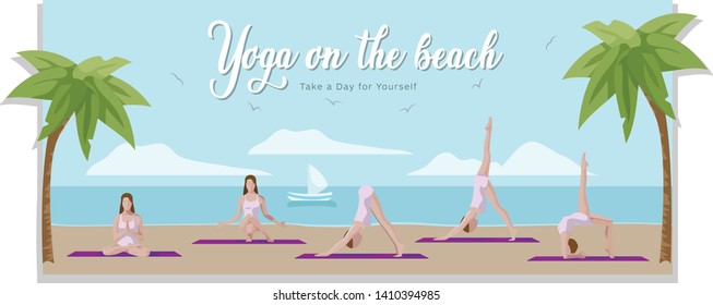 Yoga on the beach. Outdoor yoga vector illustration for fitness class or special events. Five yoga poses.