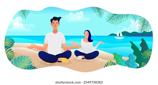 Yoga na praia, casal de verão na praia. Ficar em casa férias desfrutar de ilustração de desenho animado. Férias no mar ou resort oceânico.Banho de sol turístico. Férias de verão à beira-mar. vetor