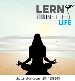 yoga en la playa al atardecer | el uso puede tener múltiples propósitos como la portada del Libro, el periódico, el sitio web, aplicaciones, etc, este proyecto se modifica fácilmente, el archivo de texto se convierte en curvas.