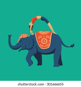 Yoga on an elephant. Young woman doing yoga standing on the back of an elephant. Flat style illustration.