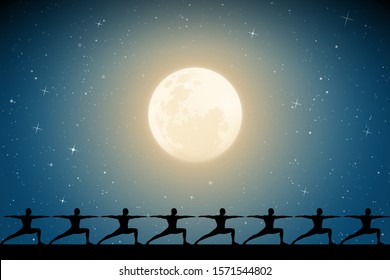 Yoga on moonlit night. Seamless vector illustration with isolated silhouettes of yogis in warrior pose. Full moon in starry sky