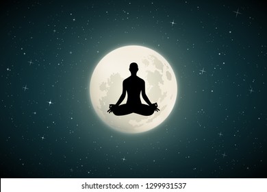 Yoga on moonlit night. Vector illustration with silhouette of yoga girl in lotus pose. Full moon in starry sky