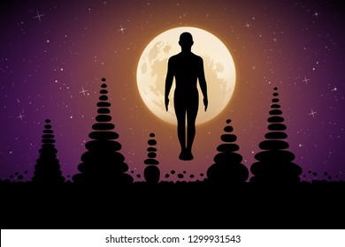 Yoga on moonlit night. Vector illustration with silhouette of yogi in pose of tadasana and pyramids of stones. Full moon in starry sky