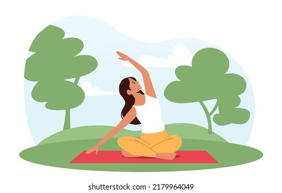 Yoga on Nature, Outdoor Relaxation. Woman Sit in Lotus Pose with Hand Up, Meditating in Asana. Healthy Lifestyle, Emotional Balance, Harmony, Recreational Training. Cartoon People Vector Illustration