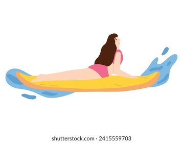 Yoga on saddles. A woman does yoga on sups. Vector illustration isolated on white background. A woman is surfing.