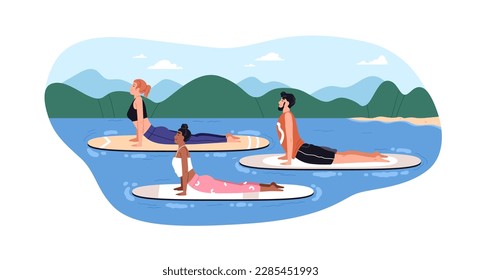 Yoga on surfboards. People exercising, stretching on surf sup board floating in water. Healthy family training outdoors in summer nature. Flat graphic vector illustration isolated on white background