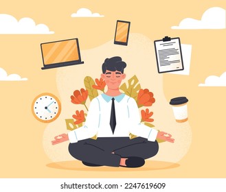 Yoga on workplace. Young guy sits in lotus position. Successful entrepreneur or employee. Poster or banner for website. Efficient workflow and time management. Cartoon flat vector illustration
