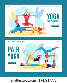 Juego de banners en línea de yoga, ilustración vectorial. Mujeres en entrenamiento deportivo, afiche de sitio web para embarazadas y concepto de personaje de pareja