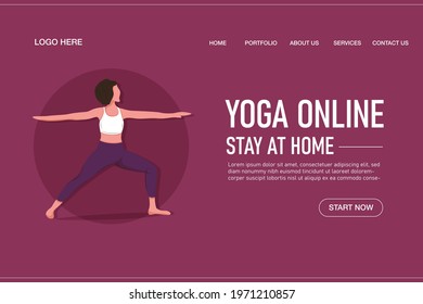 Yoga online class landing page template concept. Girl doing yoga online at home using her laptop